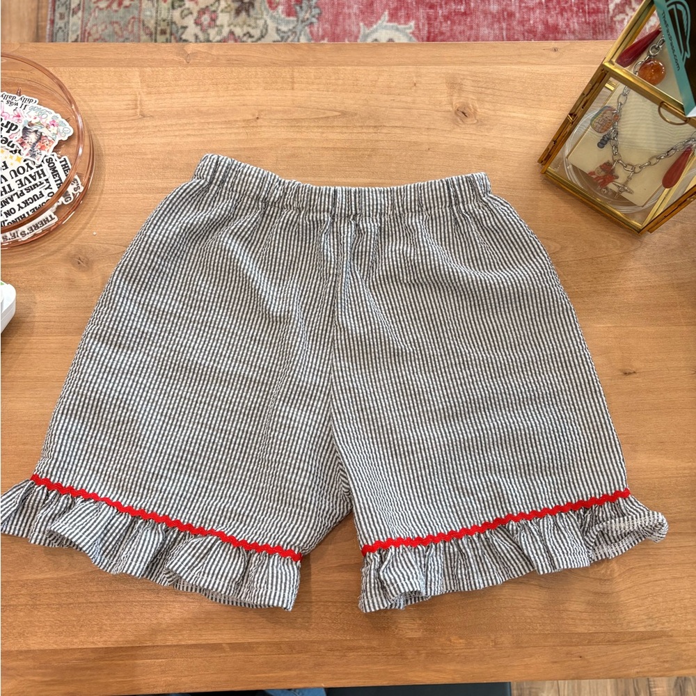 Girls' Black & White Striped Ruffle Shorts with Red Trim
